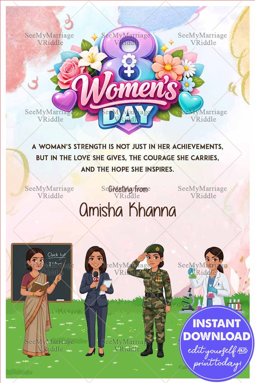 Empowering Women’s Day Greeting Card with Soft Watercolor Background and Professional Women Illustrations