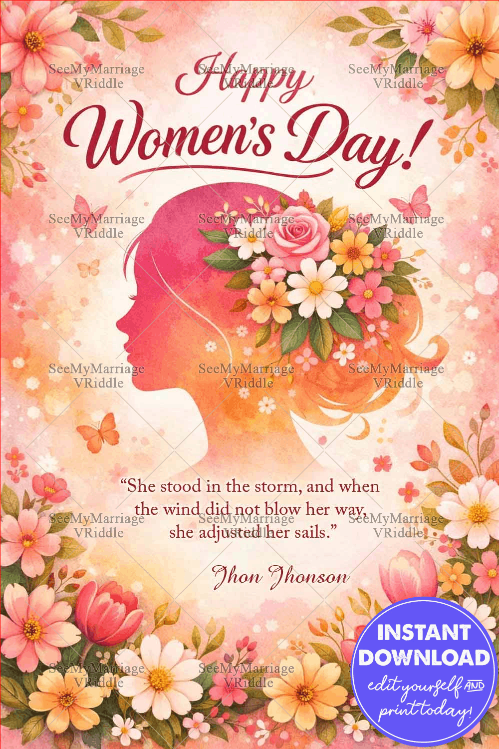 Floral Women’s Day Greeting Card with Elegant Feminine Silhouette, Watercolor Flowers