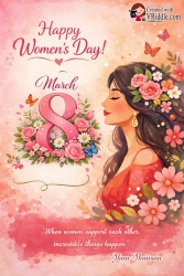 Floral Women’s Day Greeting Card with Feminine Portrait, Blossoming “8 March” Motif and Soft Watercolor Accents