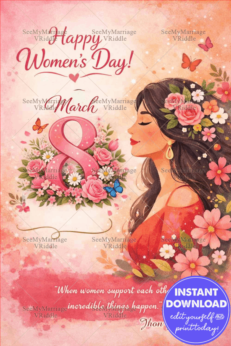 Floral Women’s Day Greeting Card with Feminine Portrait, Blossoming “8 March” Motif and Soft Watercolor Accents