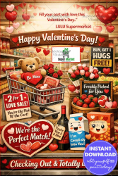 Grocery Valentine’s Day Theme Greeting Card with Cute Cart, Heart Deals, Teddy Bear