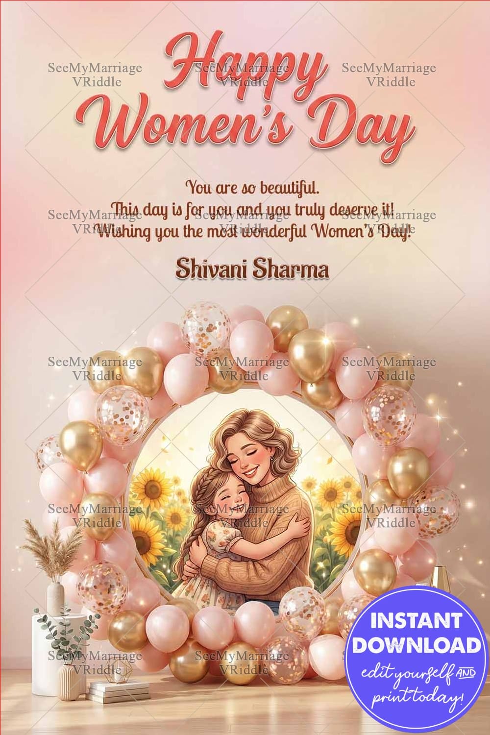 Happy Women’s Day Greeting Card with Elegant Balloon Arch, Mother–Daughter Illustration and Soft Pastel Palette