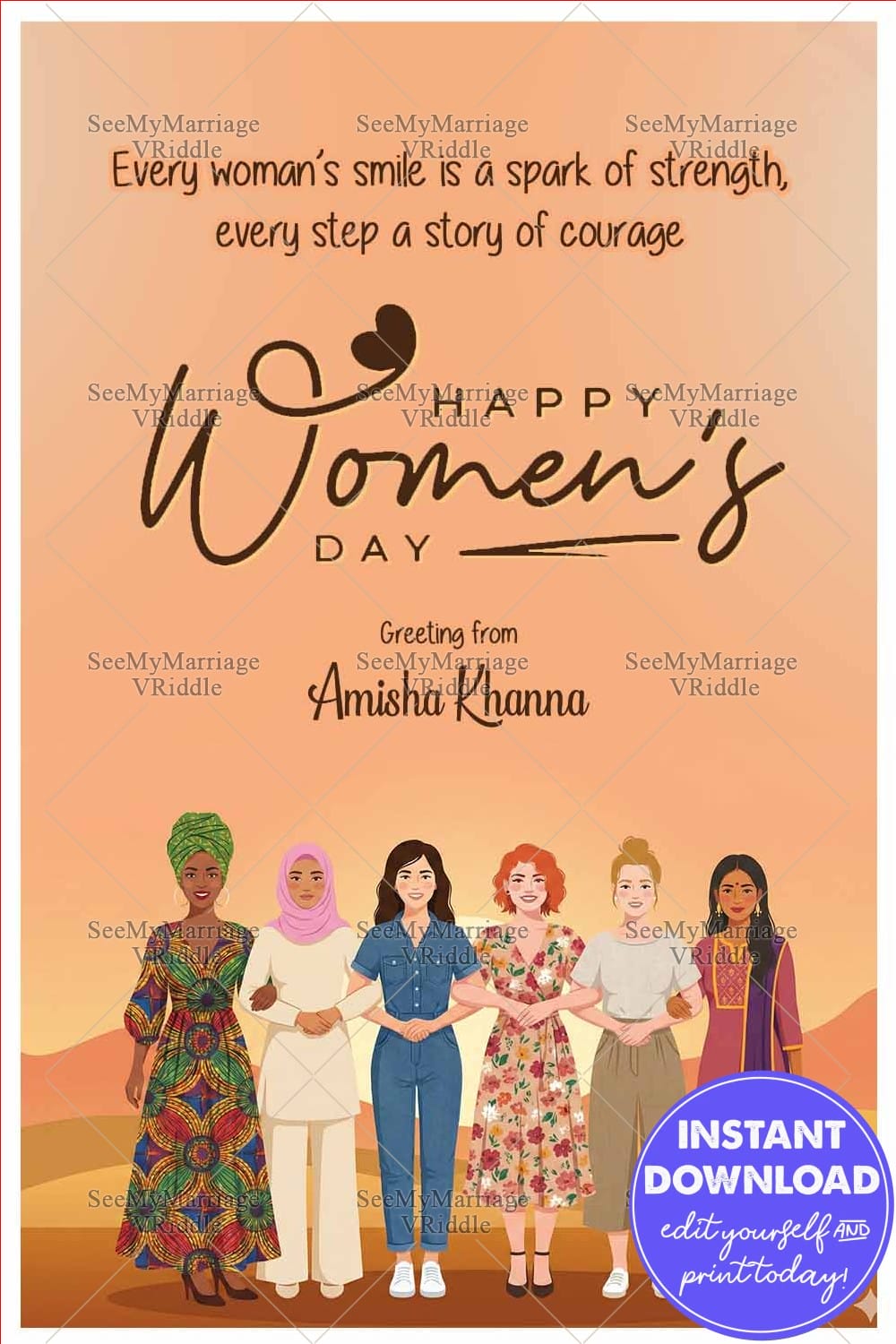 Inspirational Happy Women’s Day Greeting Card with Empowering Quote, Soft Peach Gradient Background and Diverse Women Illustration