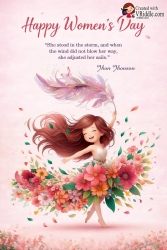 Joyful Women’s Day Greeting Card with Dancing Feminine Illustration, Floral Dress and Soft Pastel Shade