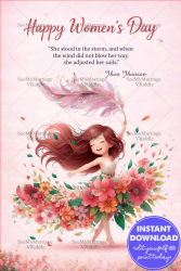 Joyful Women’s Day Greeting Card with Dancing Feminine Illustration, Floral Dress and Soft Pastel Shade