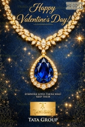 Luxury Valentine’s Day Greeting Card with Sapphire Blue Pendant, Diamond Accents & Golden Sparkle Elegance