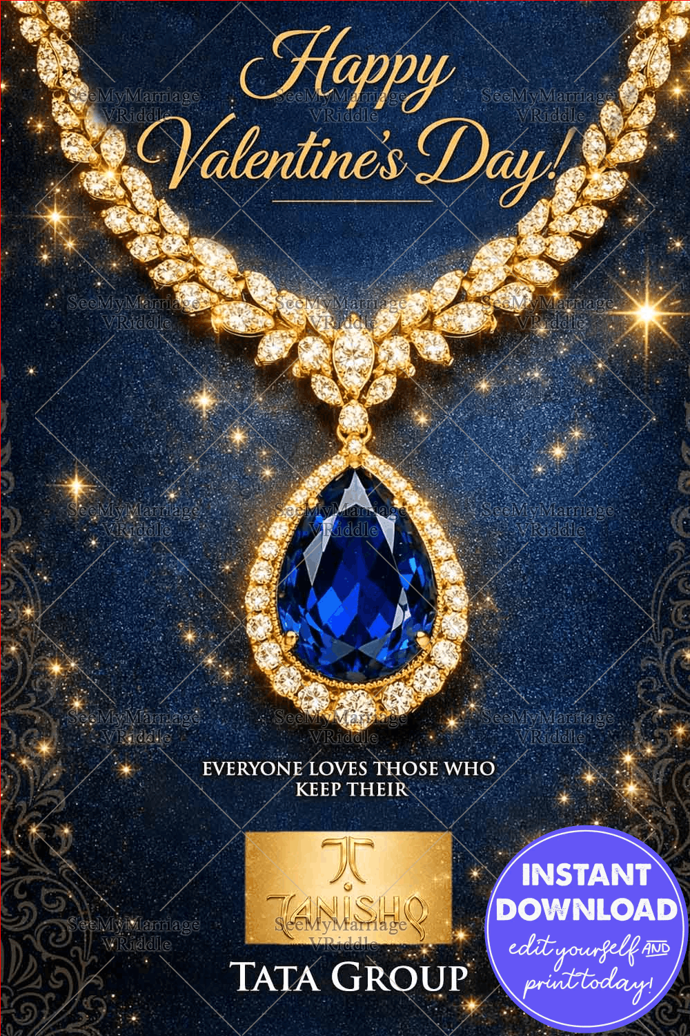 Luxury Valentine’s Day Greeting Card with Sapphire Blue Pendant, Diamond Accents & Golden Sparkle Elegance