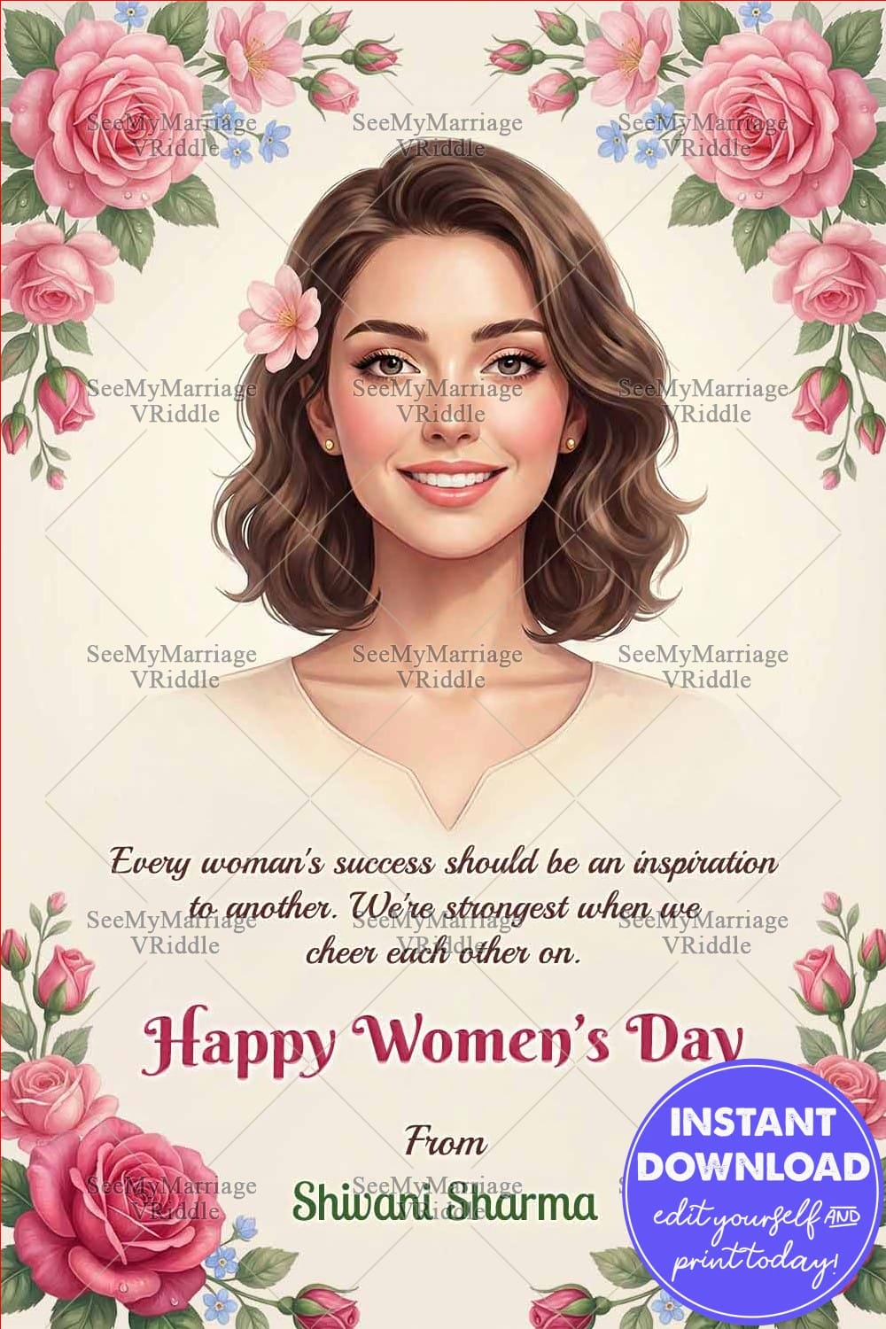 Soft Pastel Women’s Day Greeting Card with Soft Portrait Illustration and Inspirational Quote Design