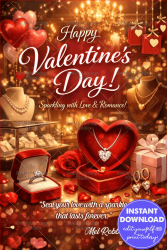 Sparkling Valentine’s Day Greeting Card with Heart-Shaped Jewellery Boxes, Diamonds & Golden Romantic Glow