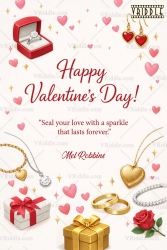 Valentine’s Day Jewellery-Theme Greeting Card with Sparkling Rings, Heart Pendants & Romantic Gift Boxes