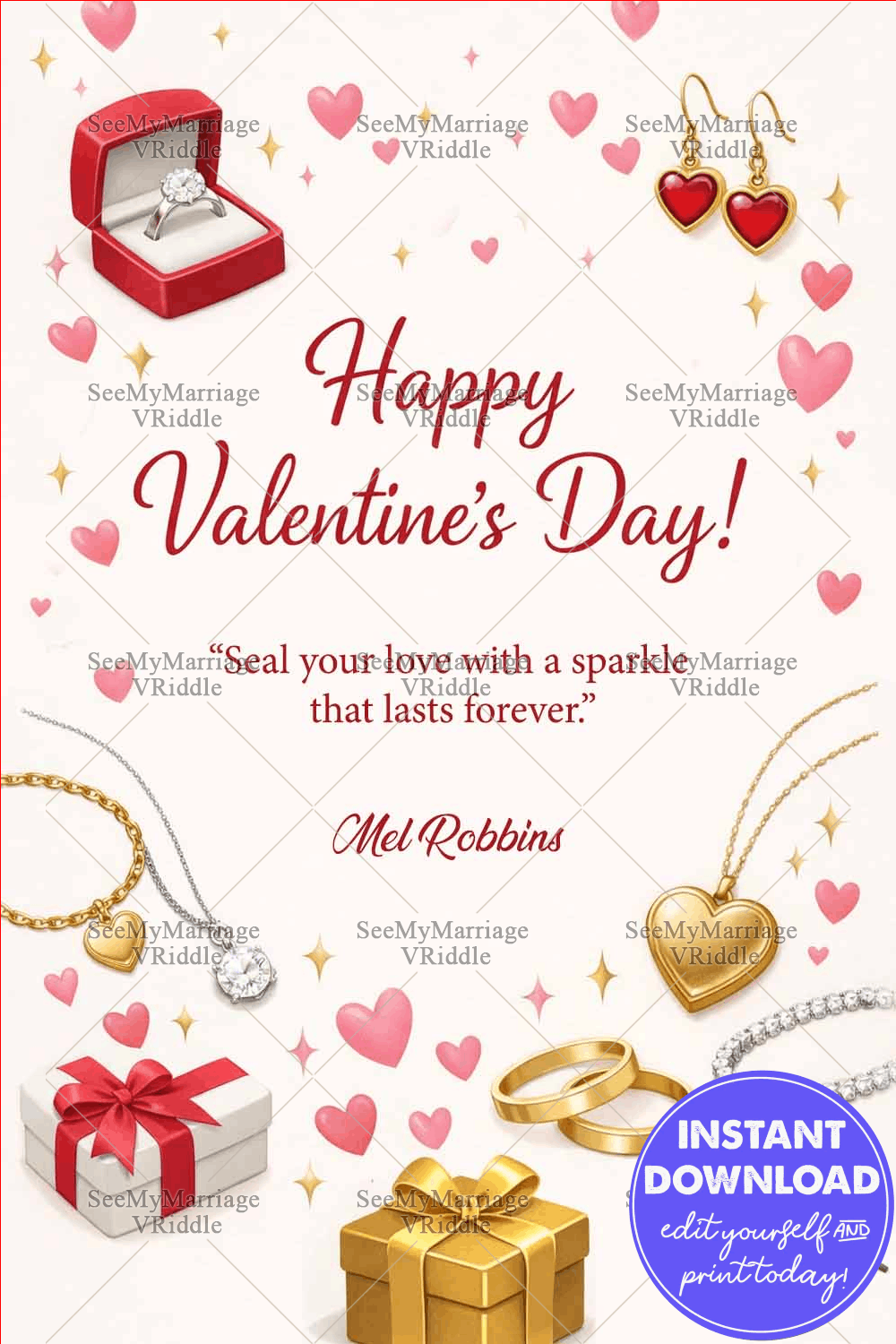 Valentine’s Day Jewellery-Theme Greeting Card with Sparkling Rings, Heart Pendants & Romantic Gift Boxes