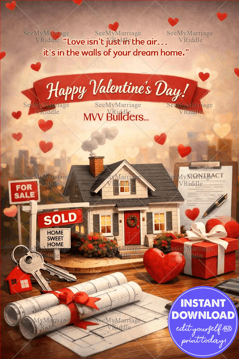 Valentine’s Day Real Estate Greeting Card with Cozy Dream Home, Heart Accents