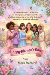 A Beautiful Happy Women’s Day Celebration Card with Diverse Women Illustration, Butterflies and Soft Pastel Glow