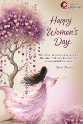 Women’s Day Greeting Card with Heart Blossom Tree, Flowing Feminine Silhouette and Inspirational Quote
