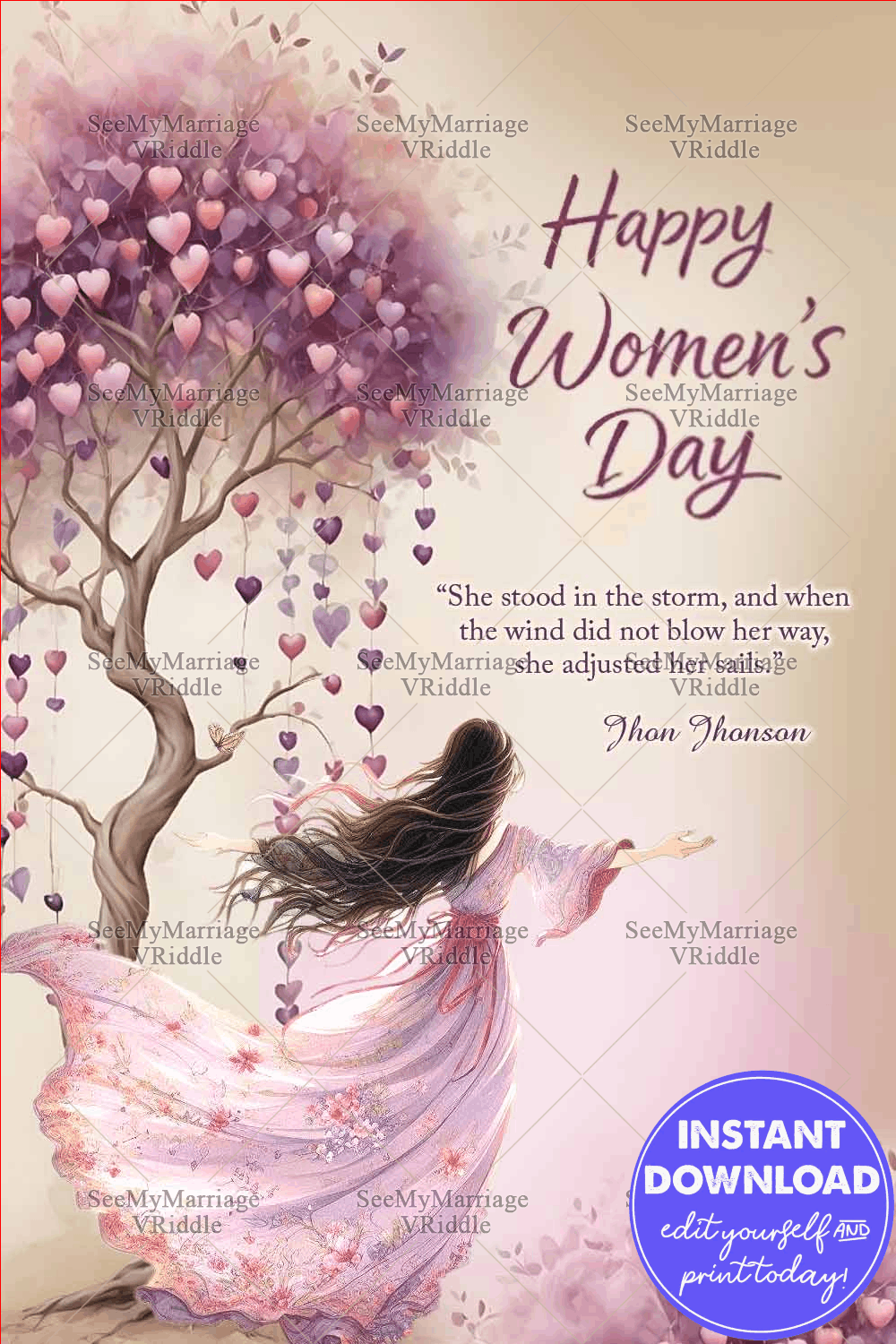 Women’s Day Greeting Card with Heart Blossom Tree, Flowing Feminine Silhouette and Inspirational Quote
