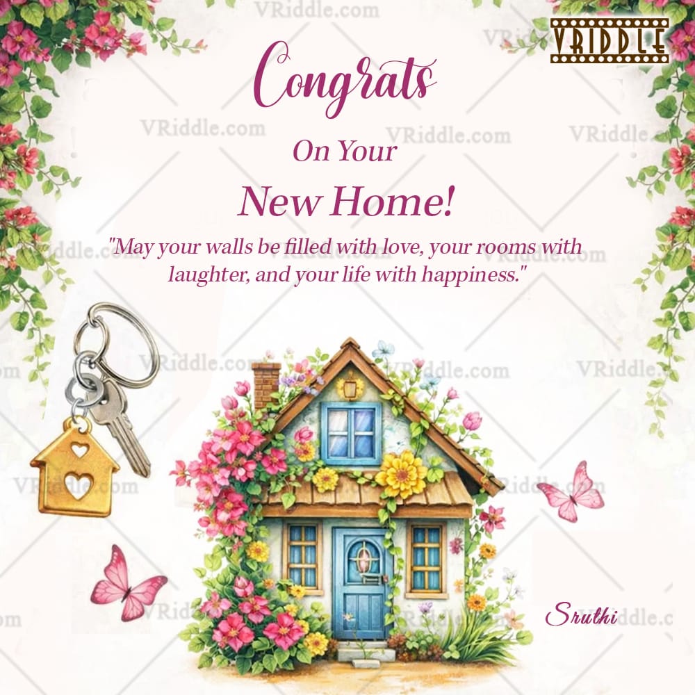 Congrats Greeting Housewarming Floral Cottage Card with Keys & Butterflies