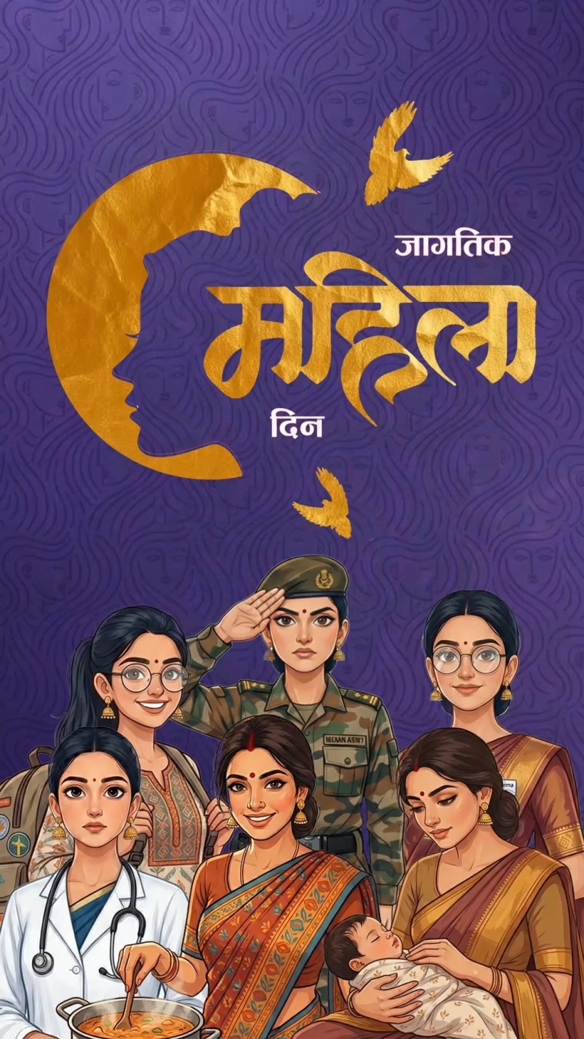 Royal Purple Mahila Divas Shubhkamnaye Greeting Video with Golden Moon Profile Art and Diverse Women Empowerment Artwork