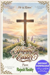 Christian Easter Greeting Card with Wooden Cross Sunrise Landscape Illustration, Lily Flower Foreground and Decorative Gold Leaf Corner Border Design