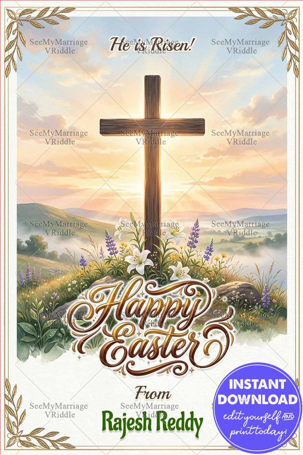 Christian Easter Greeting Card with Wooden Cross Sunrise Landscape Illustration, Lily Flower Foreground and Decorative Gold Leaf Corner Border Design