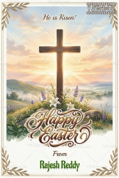 Christian Easter Greeting Card with Wooden Cross Sunrise Landscape Illustration, Lily Flower Foreground and Decorative Gold Leaf Corner Border Design